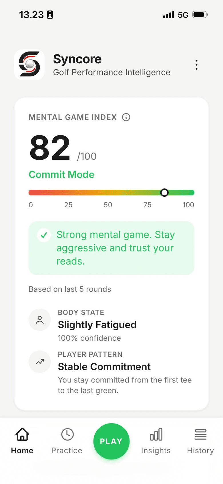 Syncore dashboard with the Mental Game Index